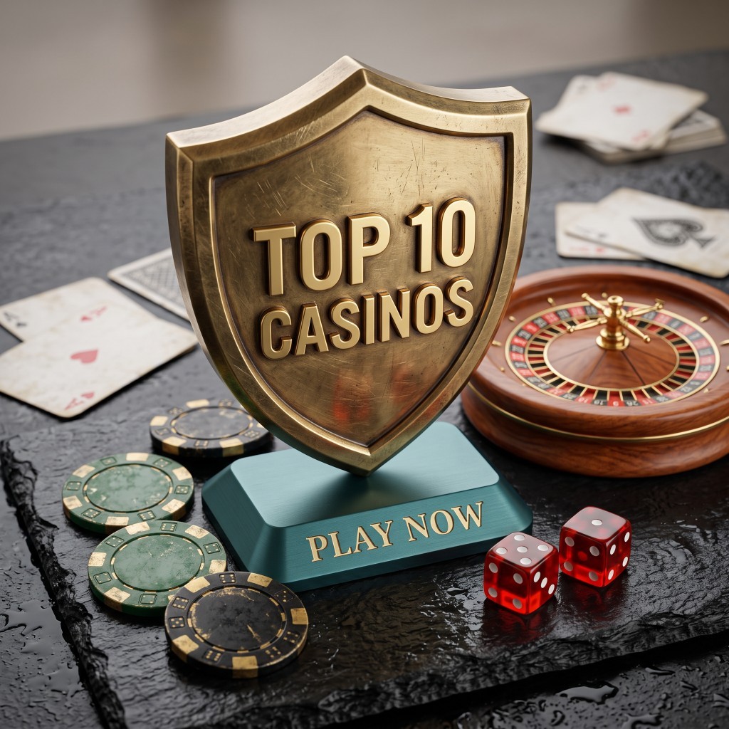 Gold shield trophy reading Top 10 Casinos, with roulette, dice and chips